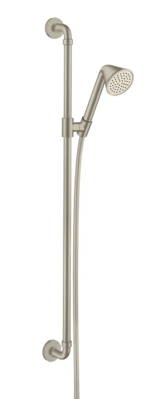 Brauseset von AXOR mit Handbrause und Wandhalterung. Das System ist in gebürstetem Nickel-Finish und bietet eine klare, funktionale Gestaltung für die Dusche.